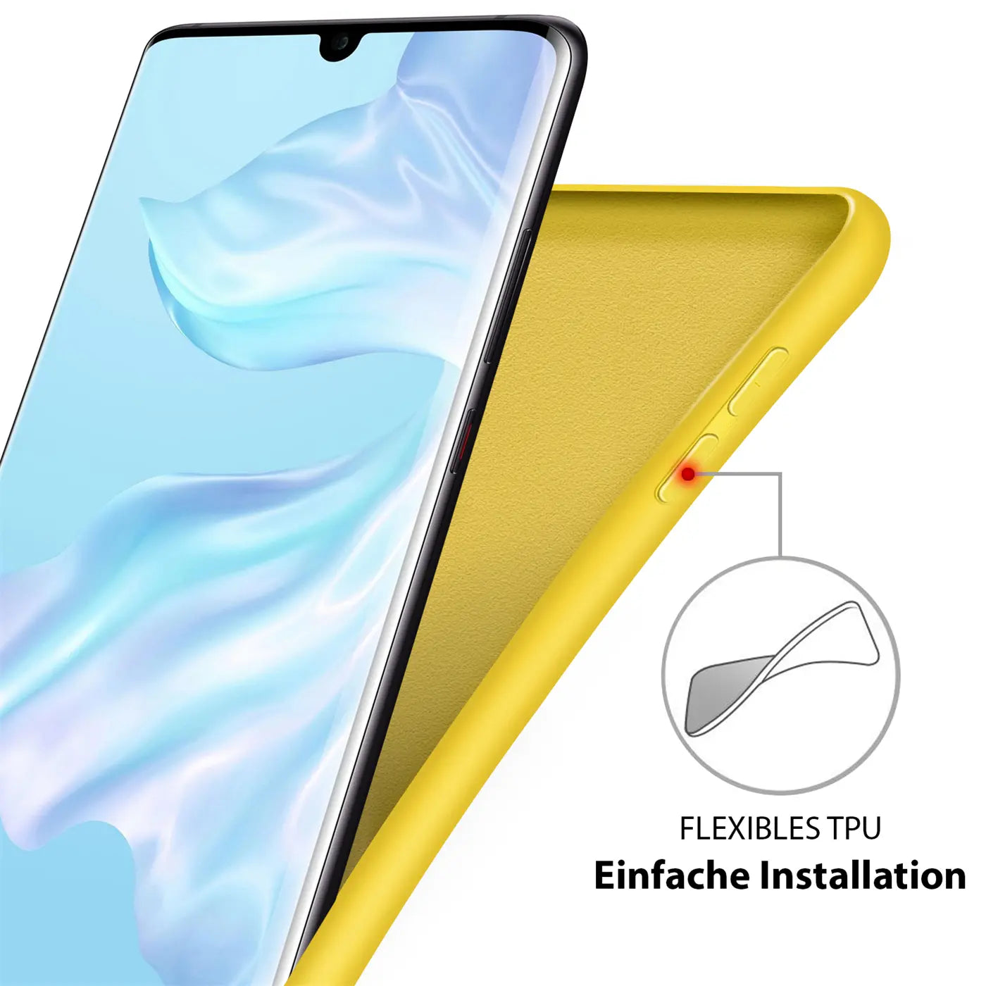 Gelbe Silikonhülle für Huawei P30 Pro, Nahaufnahme, Seitenansicht