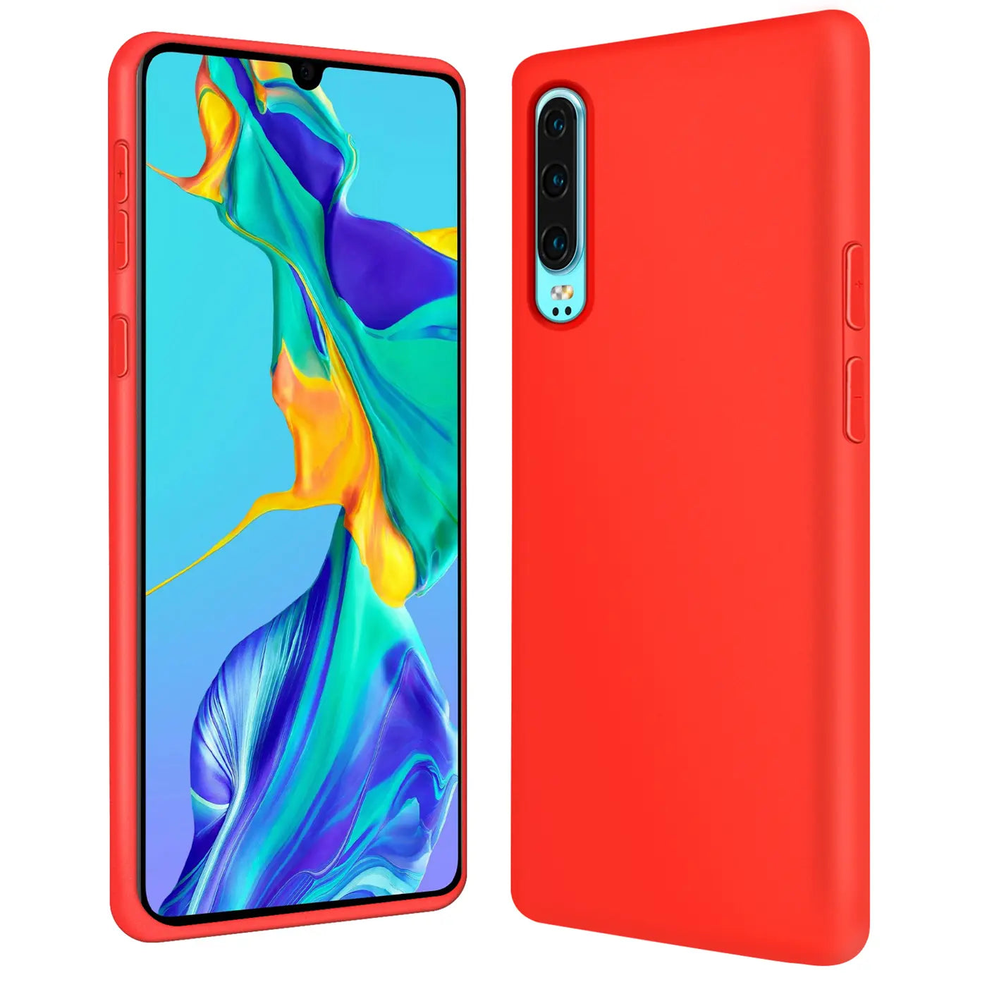 Rote Silikonhülle für Huawei P30, von hinten und vorne gezeigt, mit Mikrofaser-Innenfutter.