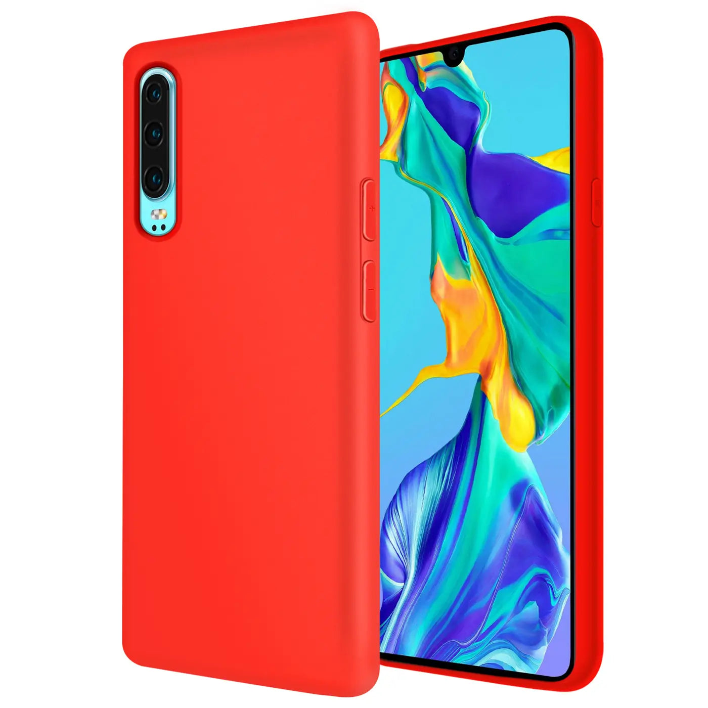 Rote Silikonhülle für Huawei P30, von vorne links, mit Mikrofaser-Innenfutter.