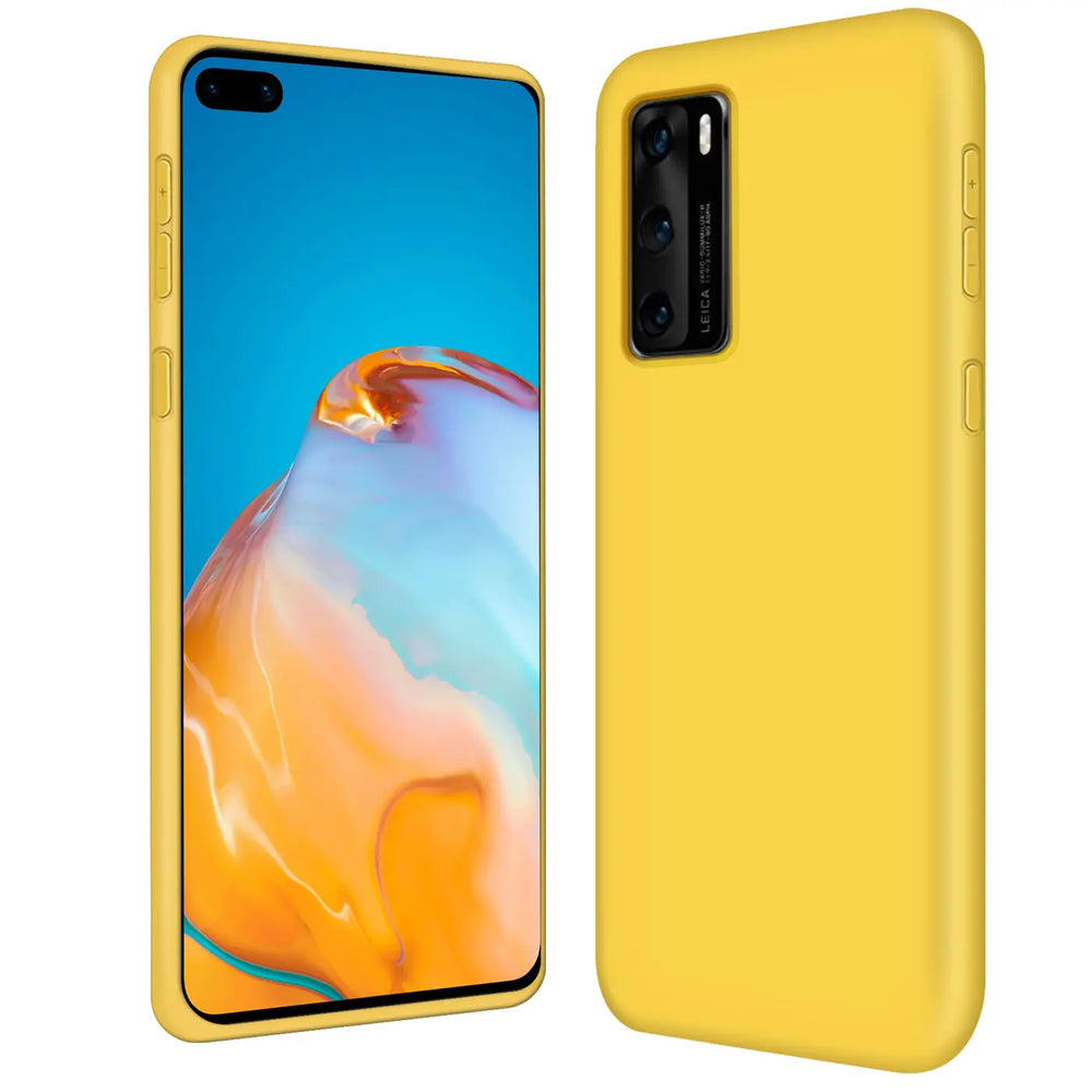 Gelbe Silikonhülle für Huawei P40, Vorder- und Rückansicht, Mikrofaser-Innenfutter.