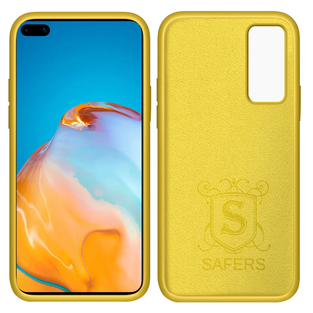 Gelbe Silikonhülle mit Mikrofaser-Innenfutter für Huawei P40, Vorder- und Rückansicht.