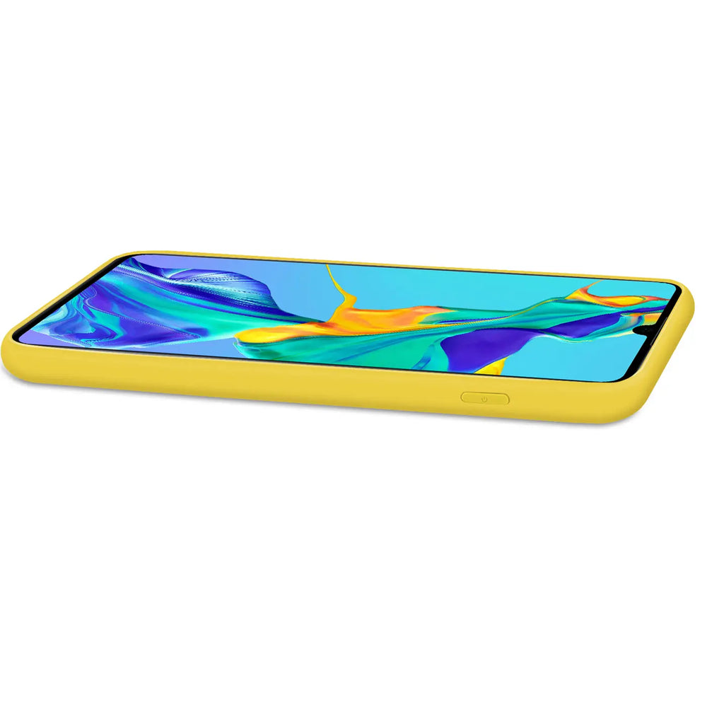 Gelbe Silikonhülle mit Mikrofaser-Innenfutter für Huawei P40, Seitenansicht.