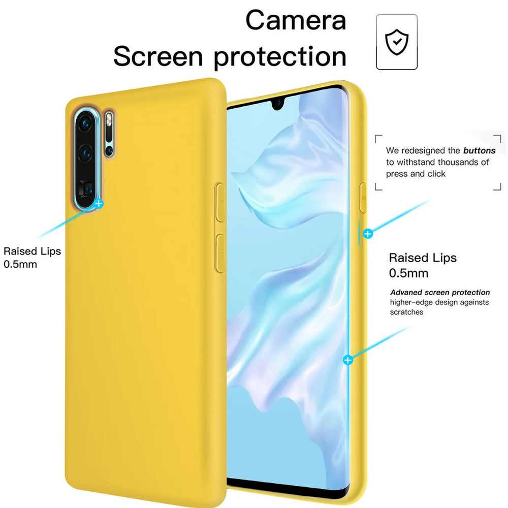 Gelbe Silikonhülle für Huawei P40, von vorne, mit Mikrofaser-Innenfutter.