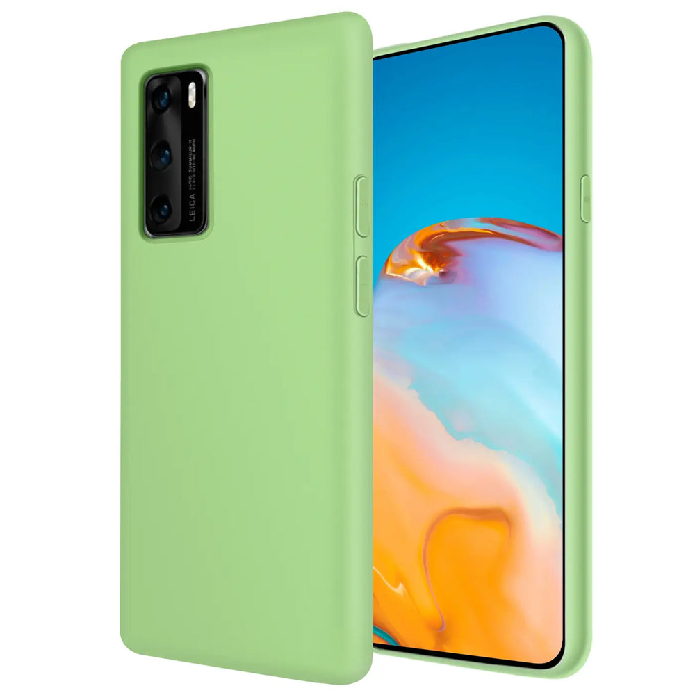 Grüne Silikonhülle, Mikrofaser-Innenfutter, Huawei P40, Nahaufnahme