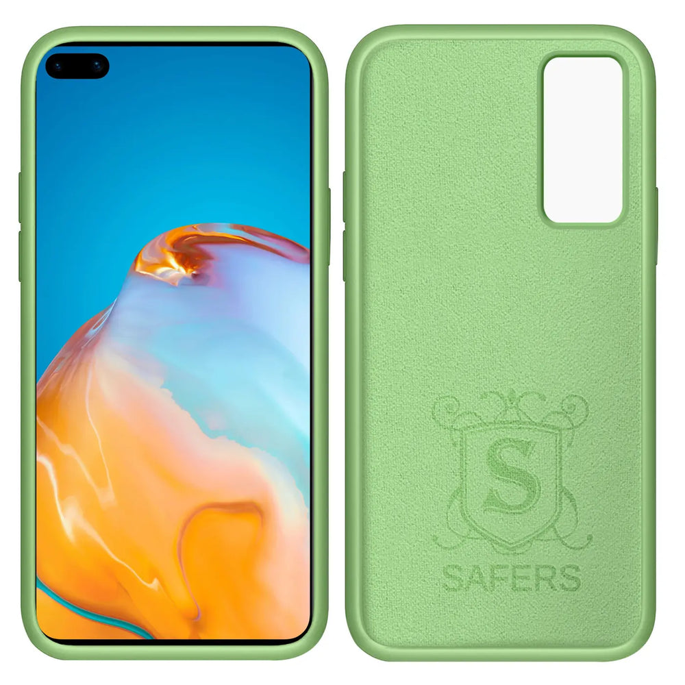 Grüne Silikonhülle mit Mikrofaser, Vorder- und Rückansicht, Huawei P40.