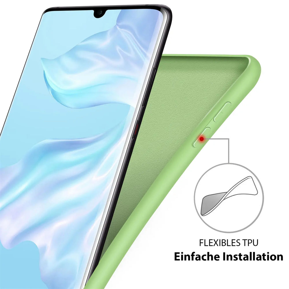 Grüne Silikonhülle mit Mikrofaser-Innenfutter, zeigt Huawei P40 von der Seite.