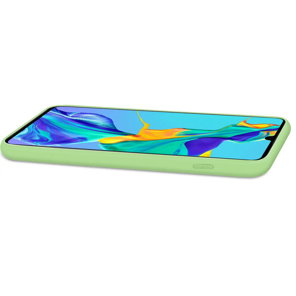 Hellgrüne Silikonhülle mit Mikrofaser-Innenfutter für Huawei P40, Seitenansicht.