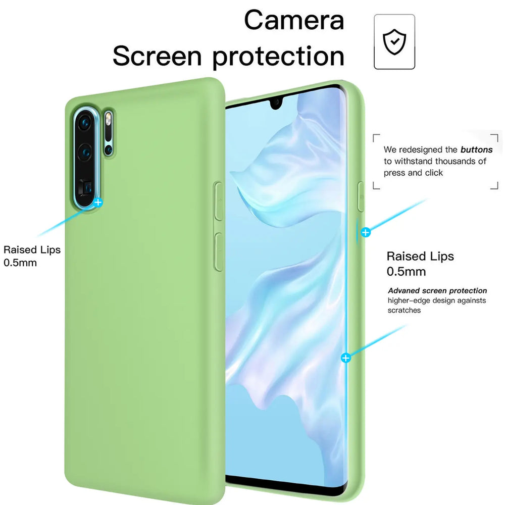 Hellgrüne Silikonhülle, Vorderansicht, Huawei P40 mit Hülle und Display.