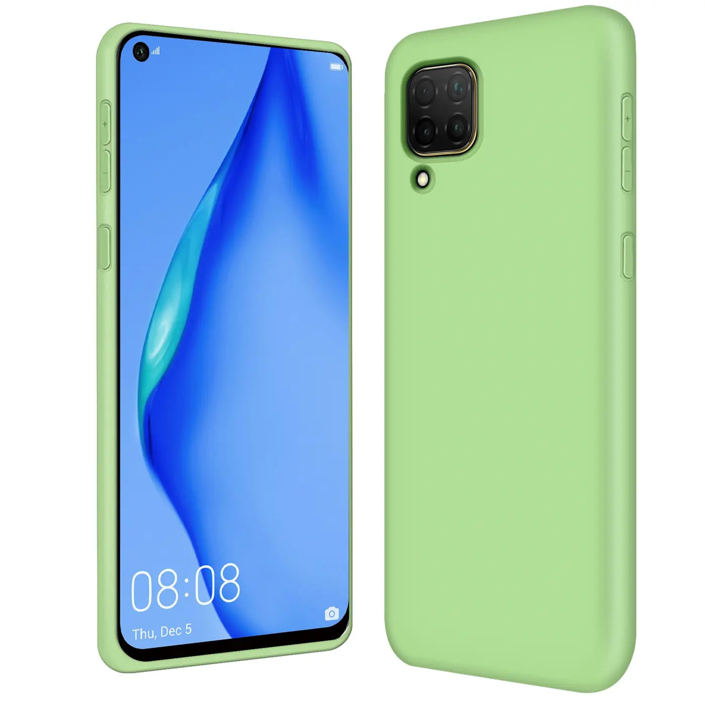 Hellgrüne Silikonhülle mit Mikrofaser, Huawei P40 Lite, Vorder- und Rückansicht.