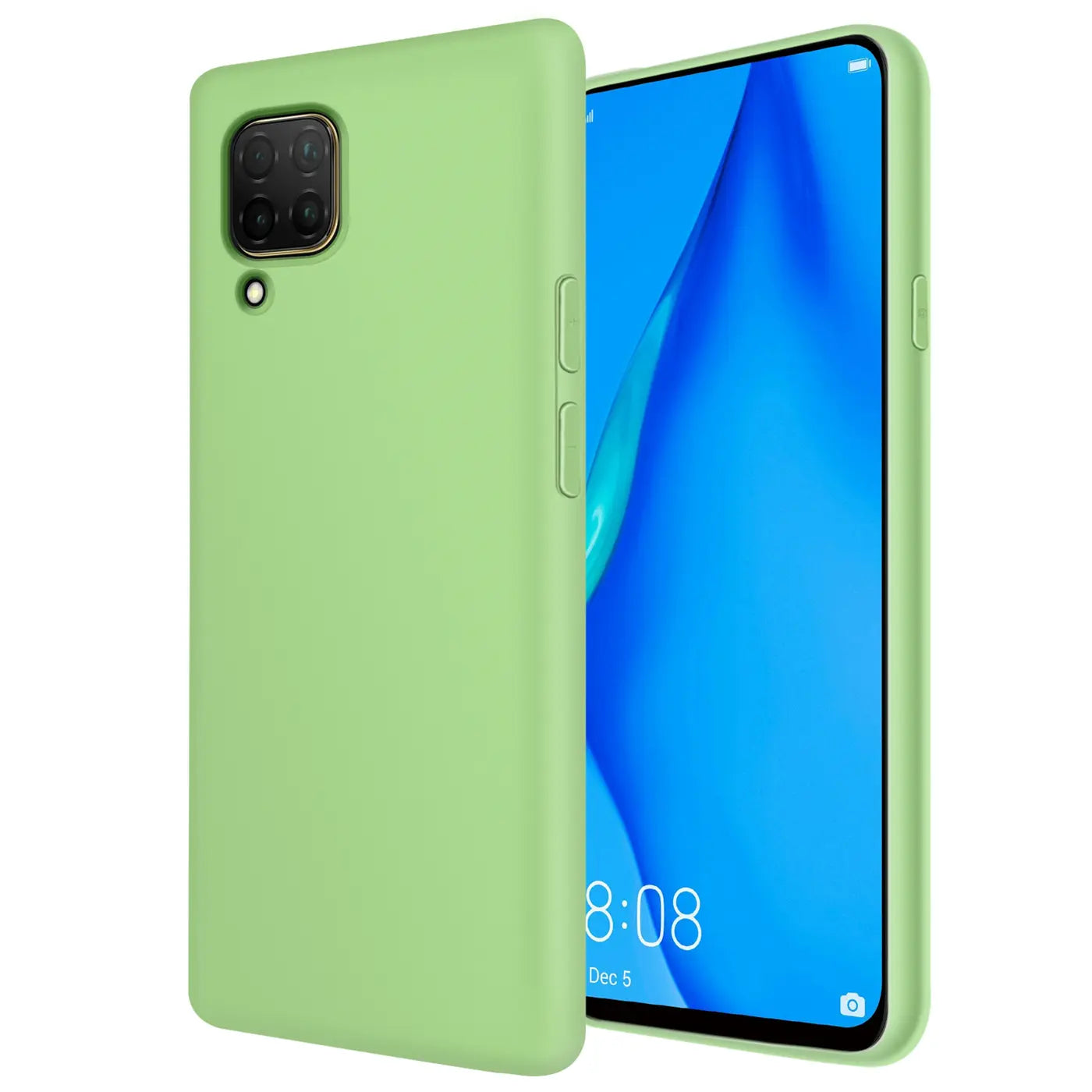 Hellgrüne Silikonhülle mit Mikrofaser-Innenfutter, zeigt Huawei P40 Lite von hinten und vorne.