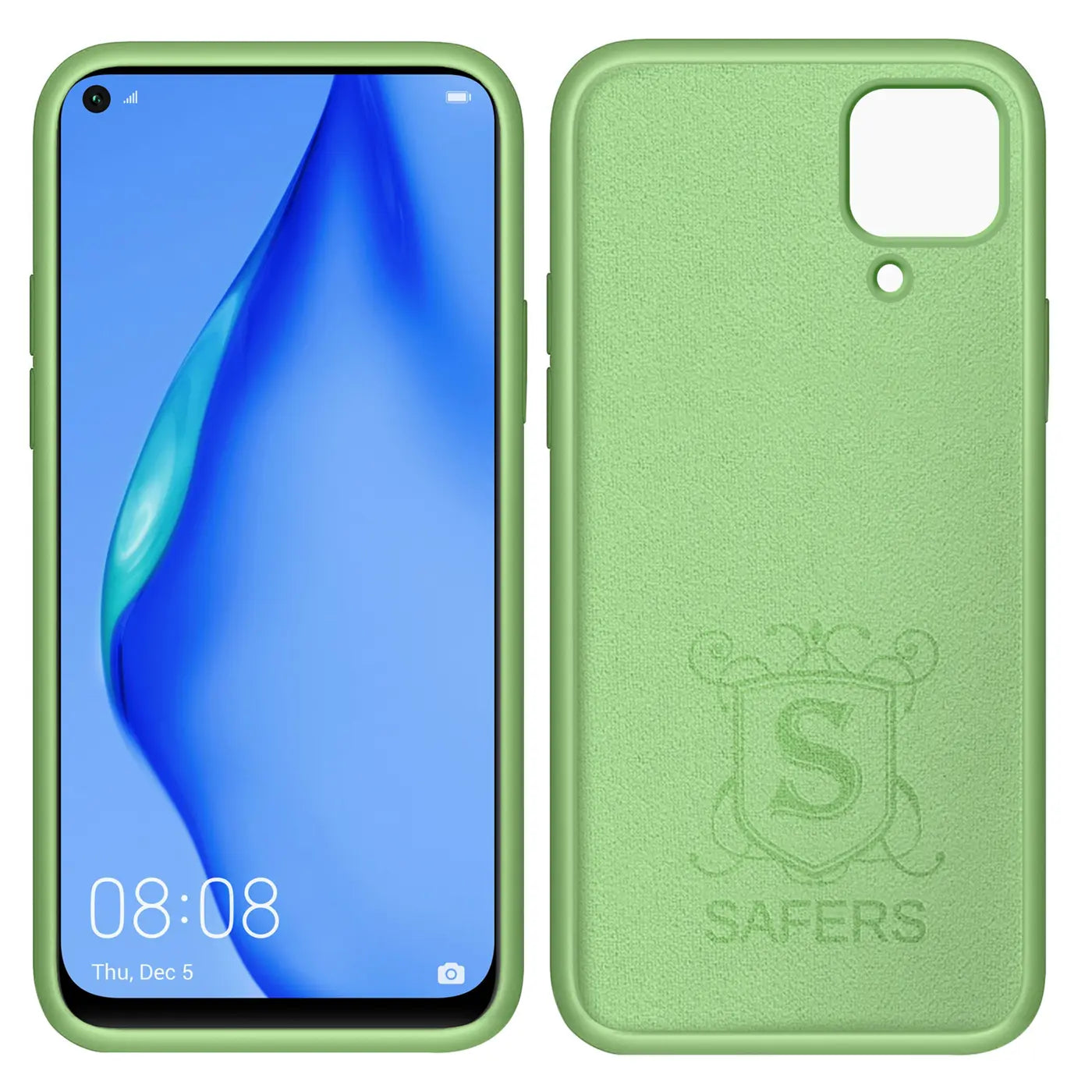Grüne Silikonhülle mit Mikrofaser-Innenfutter für Huawei P40 Lite, Vorder- und Rückansicht.