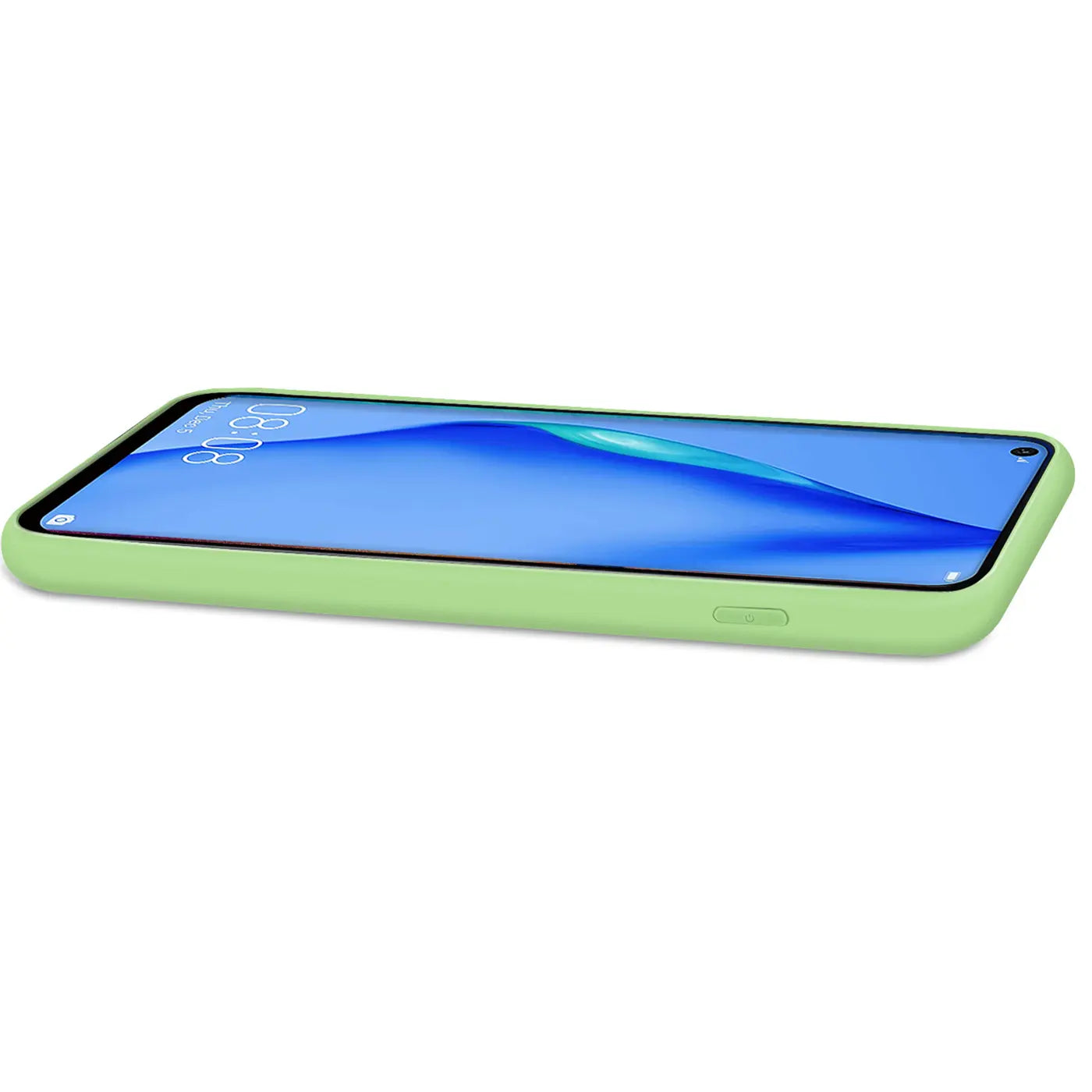 Hülle aus hellgrünem Silikon für Huawei P40 Lite, von der Seite gesehen.
