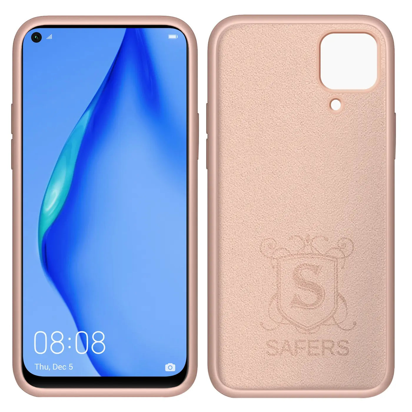 Rosa Silikonhülle mit Mikrofaser-Innenfutter für Huawei P40 Lite, Vorder- und Rückansicht.