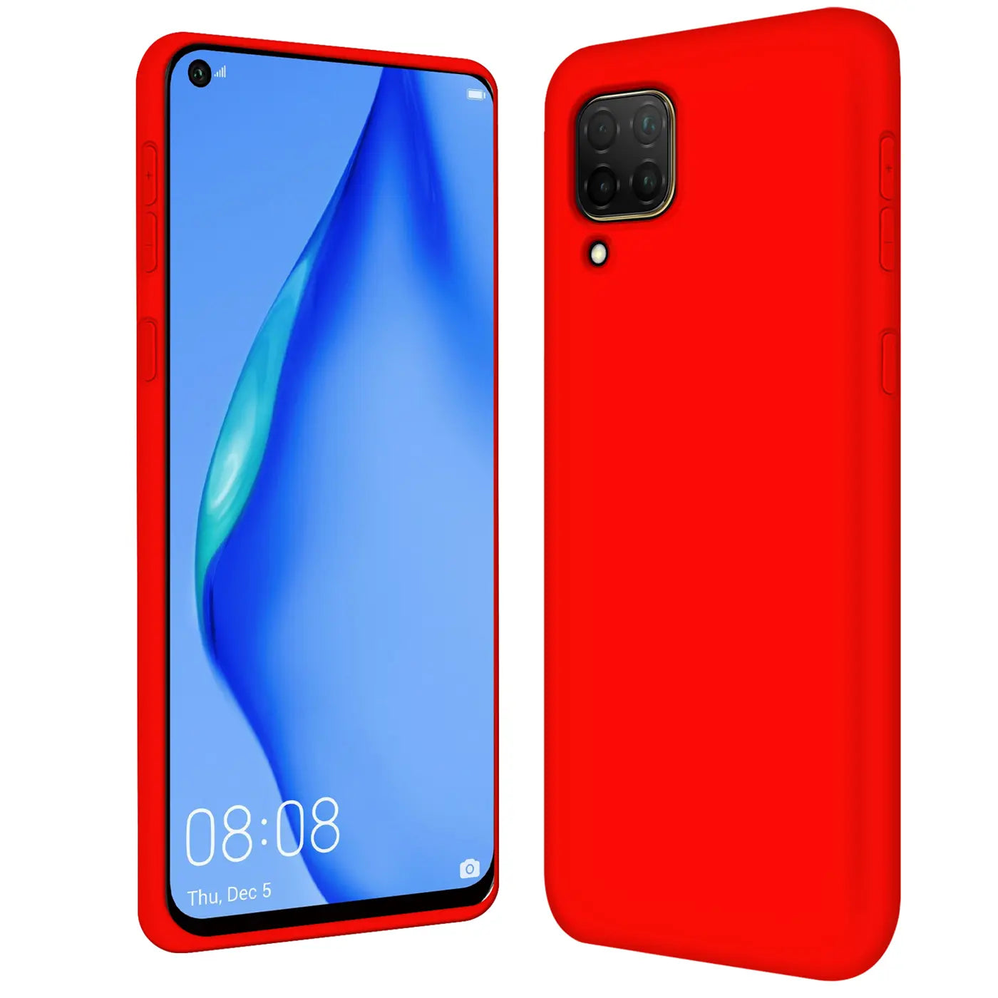 Rote Silikonhülle für Huawei P40 Lite, Vorder- und Rückansicht, Mikrofaser innen.