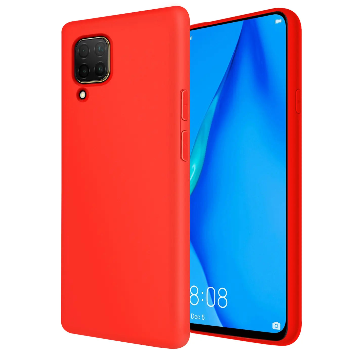 Rote Silikonhülle für Huawei P40 Lite, Rückseite und Seite sichtbar, von vorne.
