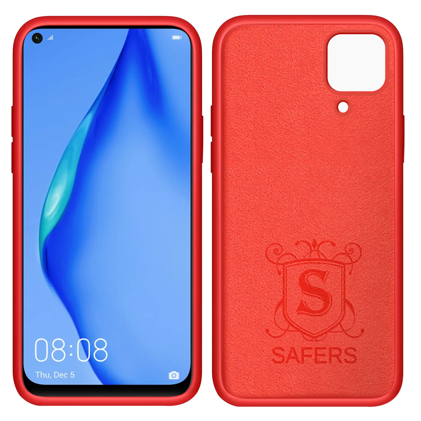 Rote Silikonhülle mit Mikrofaser-Innenfutter für Huawei P40 Lite, Vorder- und Rückansicht.