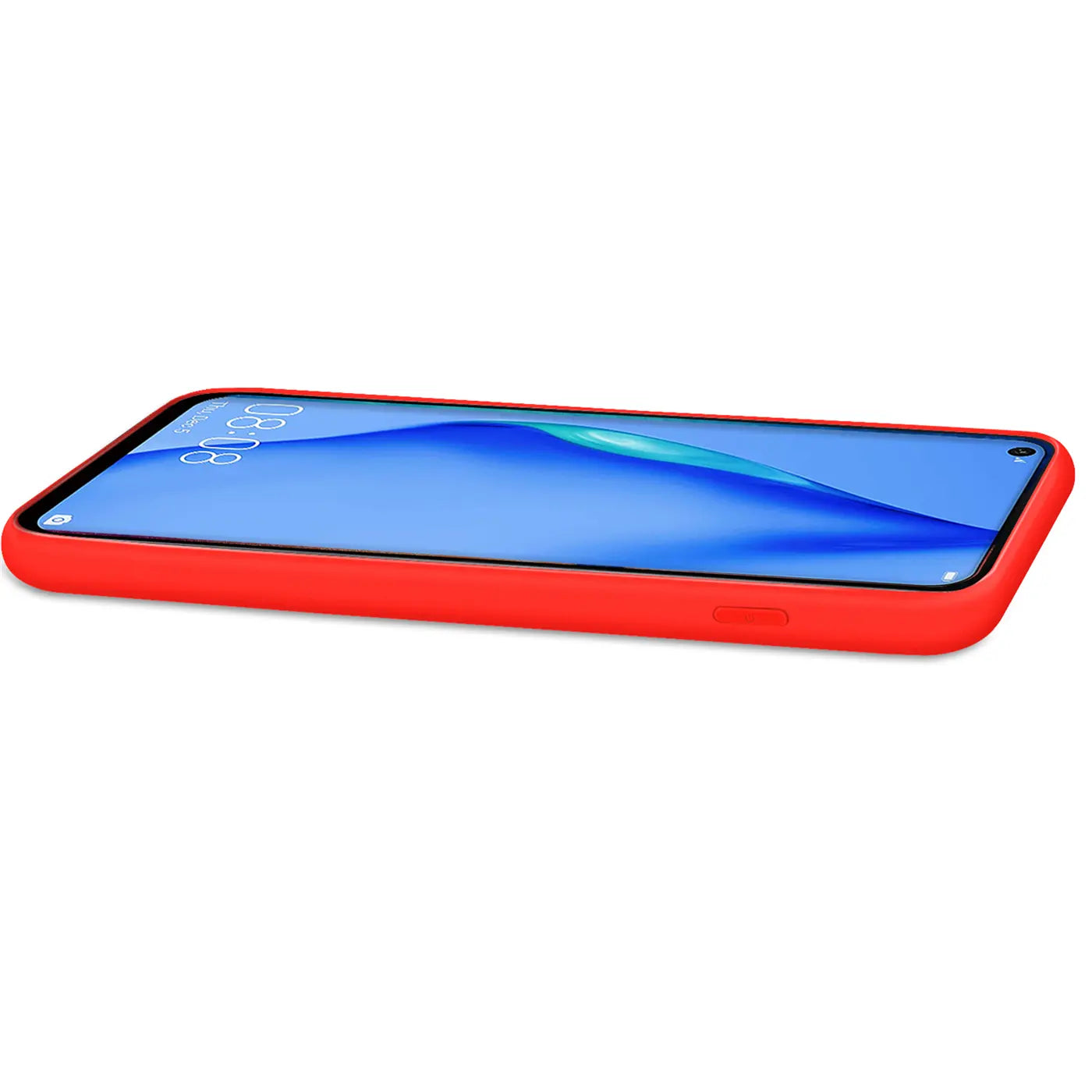 Rote Silikonhülle mit Mikrofaser-Innenfutter für Huawei P40 Lite, Seitenansicht.