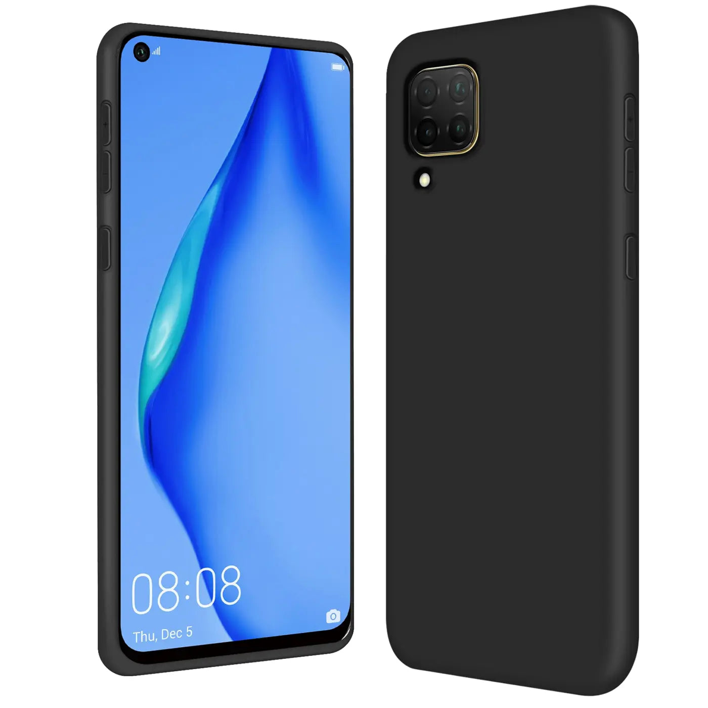 Schwarze Silikonhülle, Mikrofaser-Innenfutter, Huawei P40 Lite, Vorder- und Rückansicht.