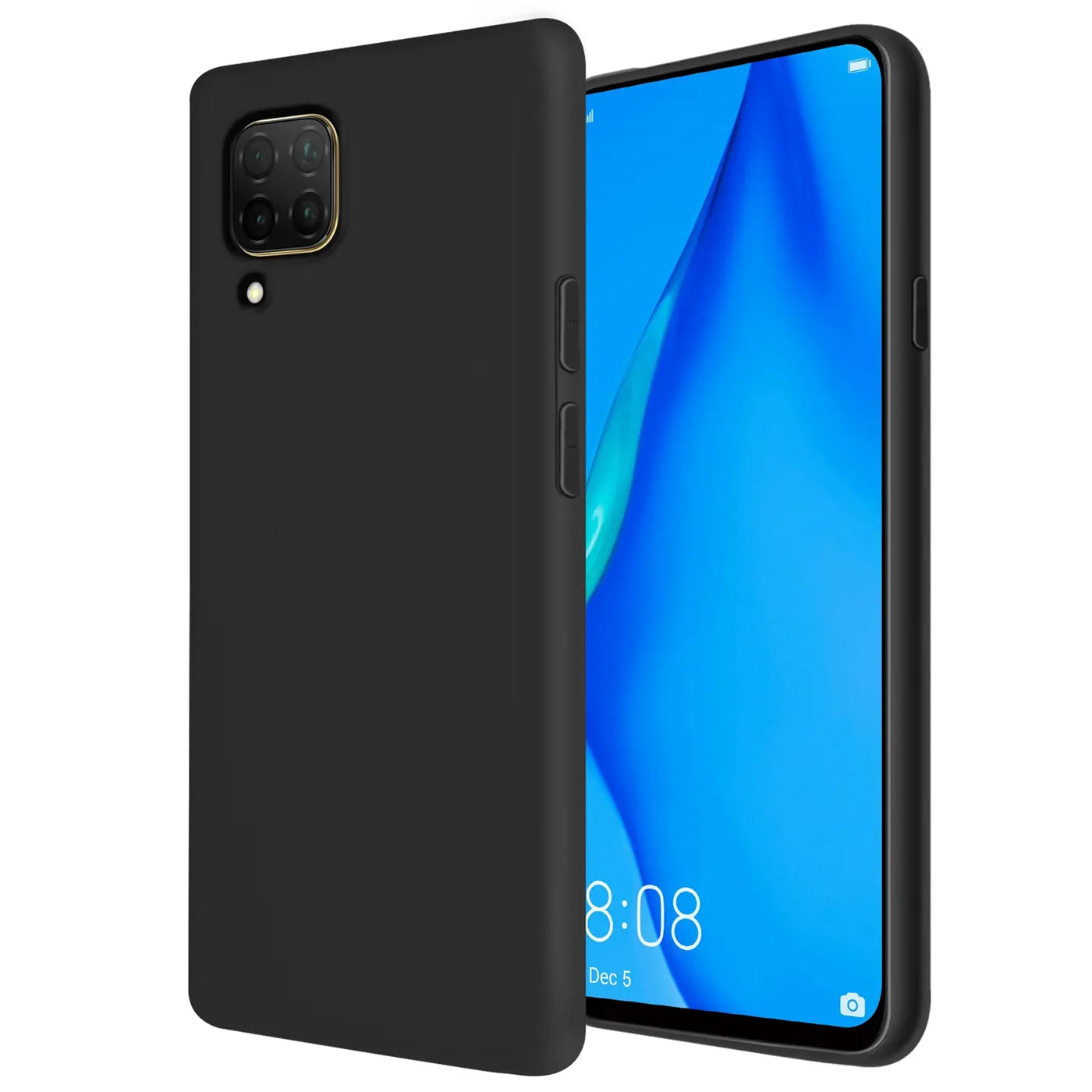Schwarze Silikonhülle mit Mikrofaser-Innenfutter für Huawei P40 Lite, von vorne links gezeigt.