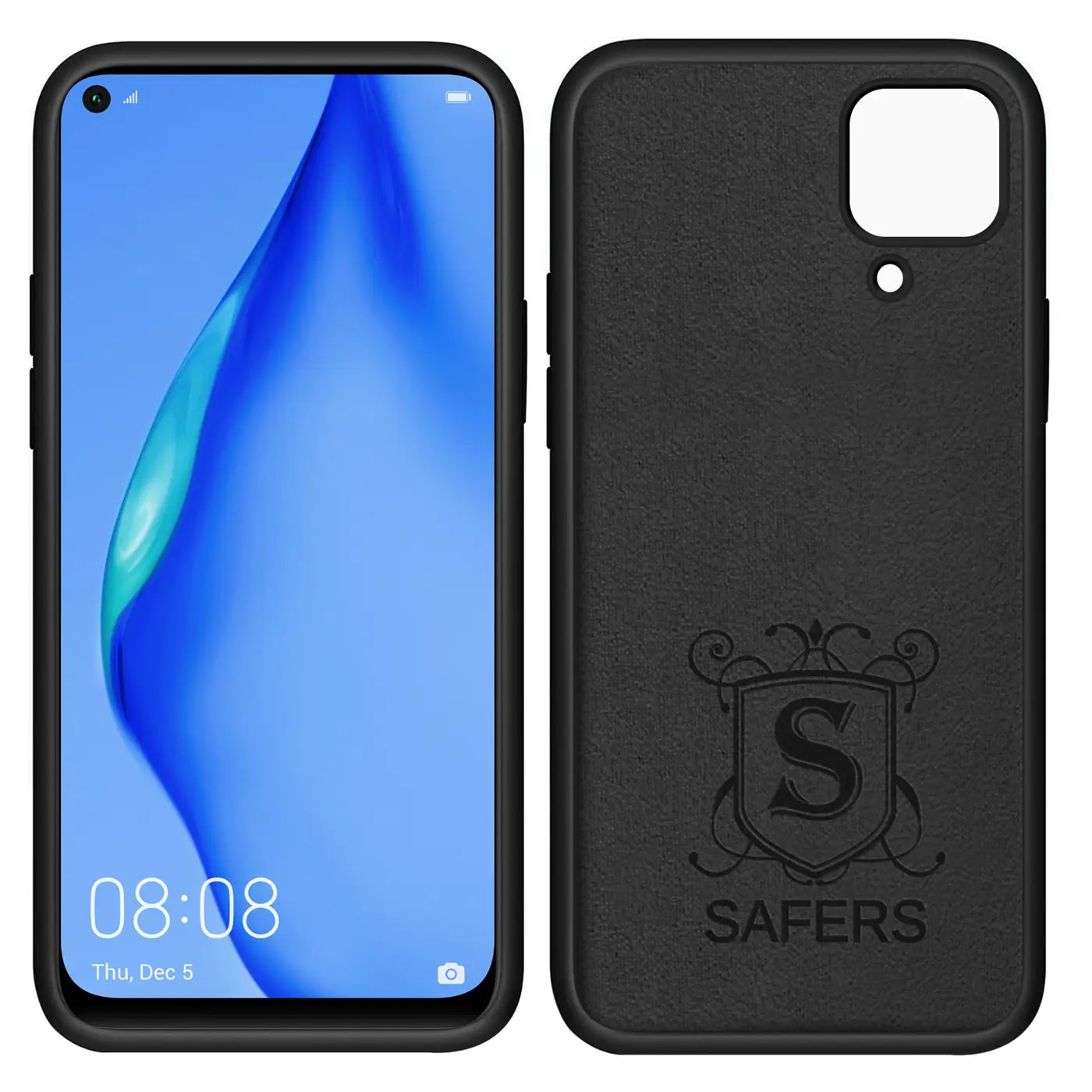 Schwarze Silikonhülle für Huawei P40 Lite, Mikrofaser innen, Vorder- und Rückansicht.