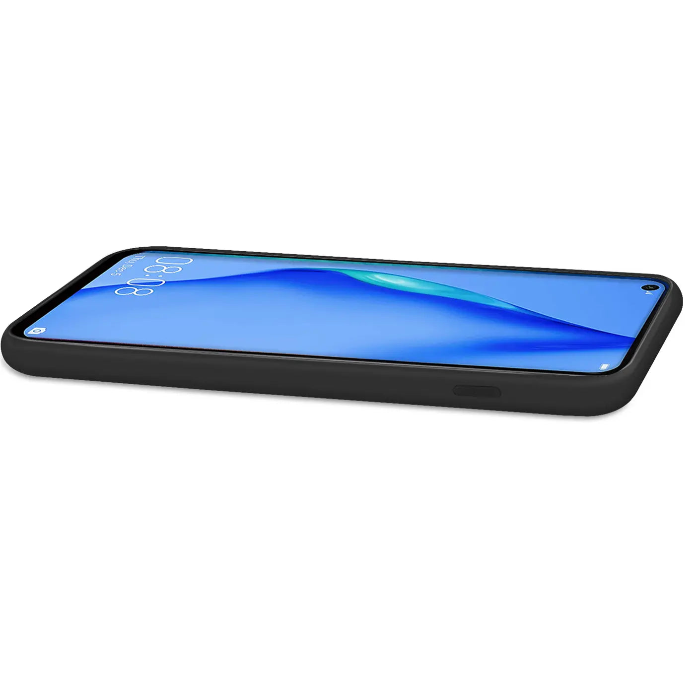 Schwarze Silikonhülle mit Mikrofaser-Innenfutter für Huawei P40 Lite, Seitenansicht.