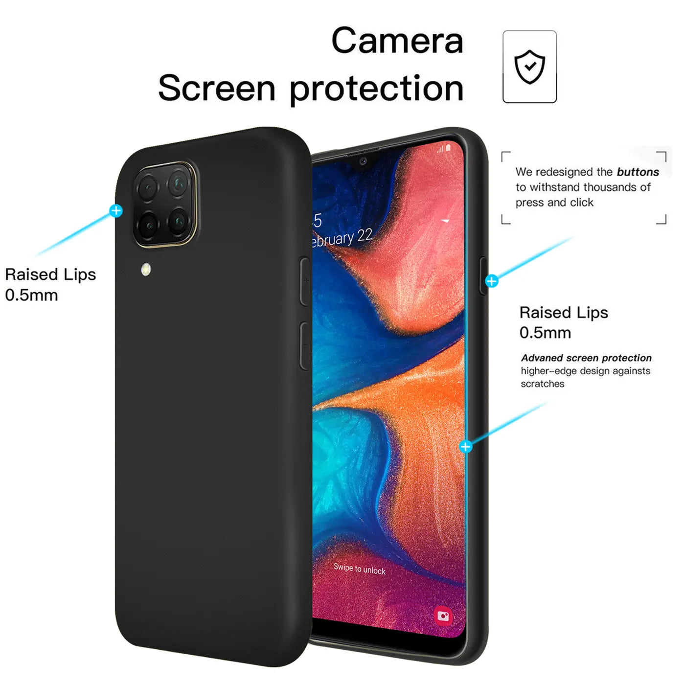 Schwarze Silikonhülle für Huawei P40 Lite, von vorne links gezeigt, mit offenem Bildschirm.