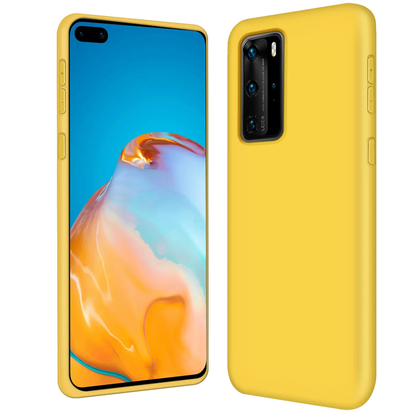 Gelbe Silikonhülle für Huawei P40 Pro, von vorne und von der Seite gezeigt.