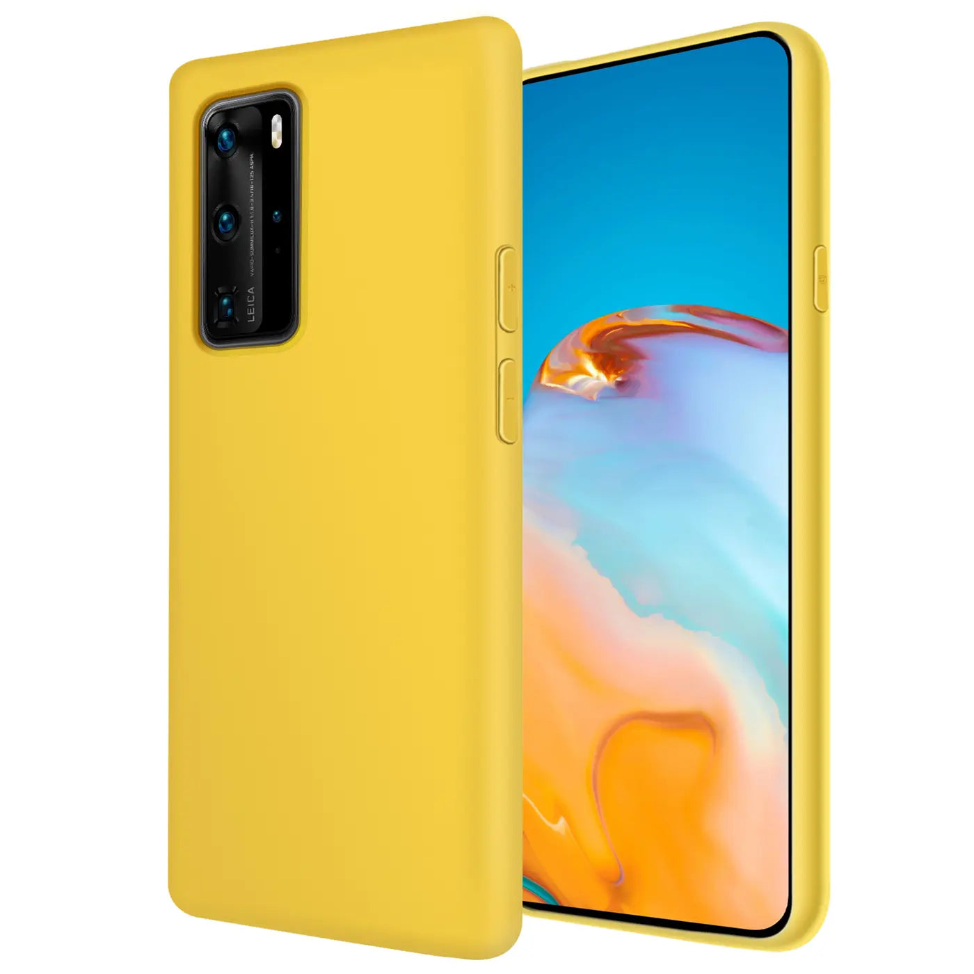 Gelbe Silikonhülle mit Mikrofaser-Innenfutter für Huawei P40 Pro, Seitenansicht.
