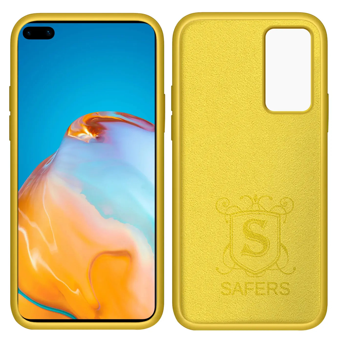 Gelbe Silikonhülle für Huawei P40 Pro, Mikrofaser-Innenfutter, Vorder- und Rückansicht