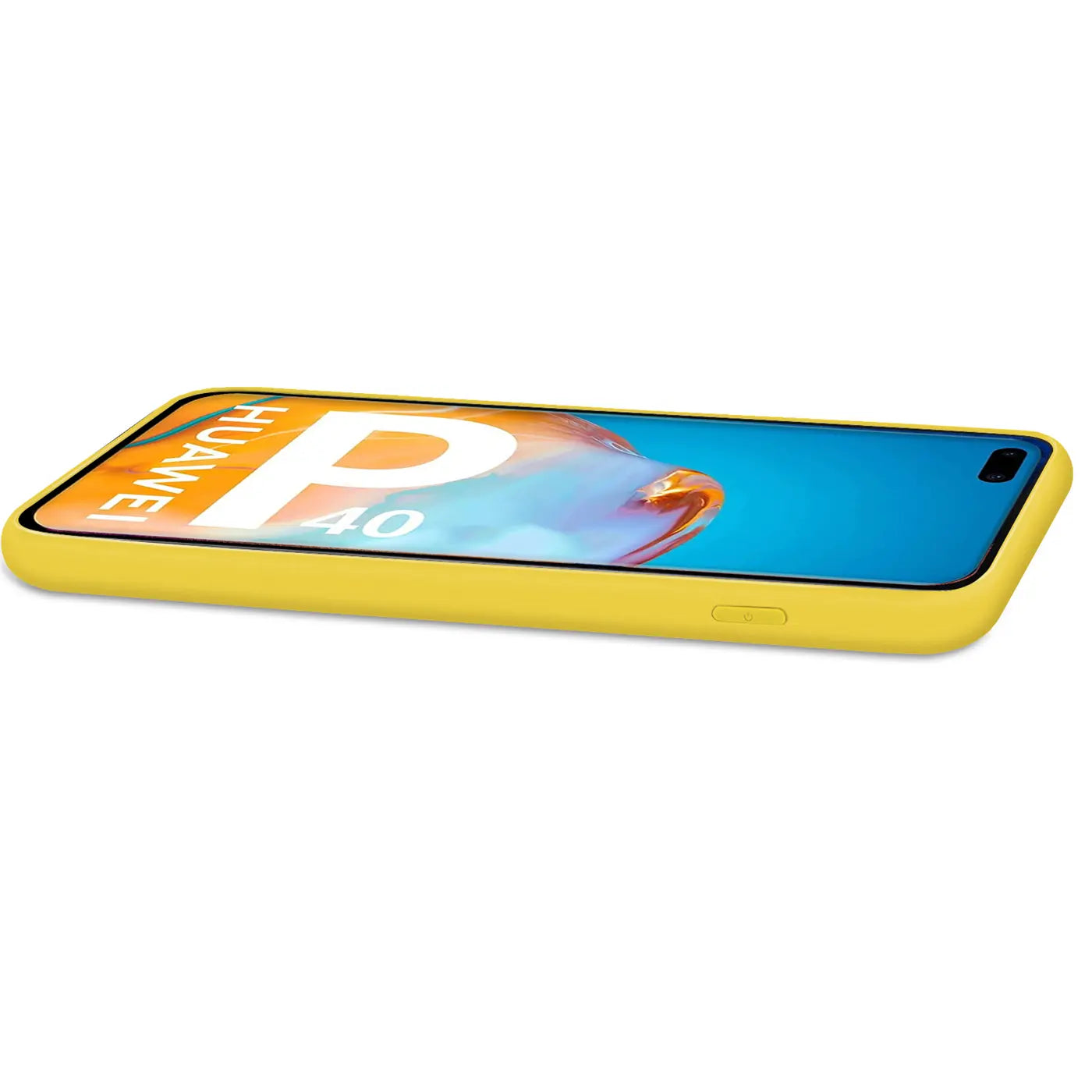 Gelbe Silikonhülle mit Mikrofaser-Innenfutter für Huawei P40 Pro, Seitenansicht.