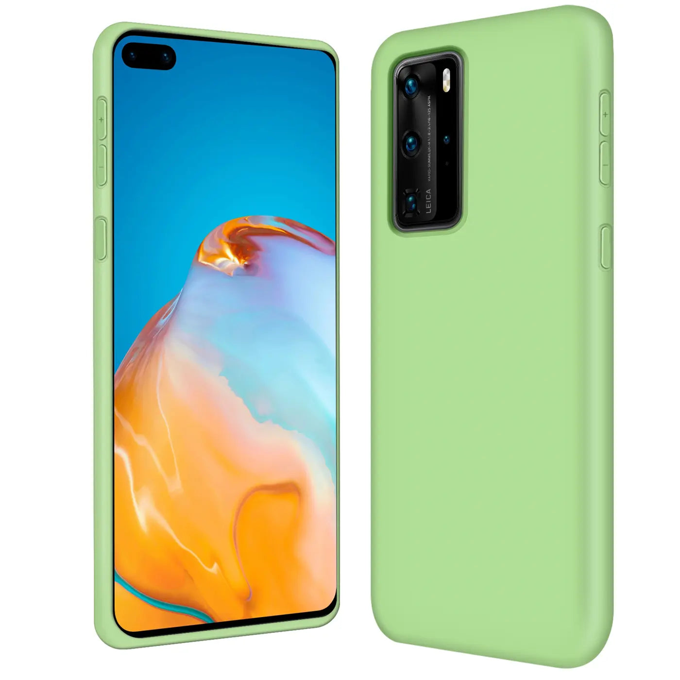 Hellgrüne Silikonhülle für Huawei P40 Pro, Vorder- und Rückansicht.