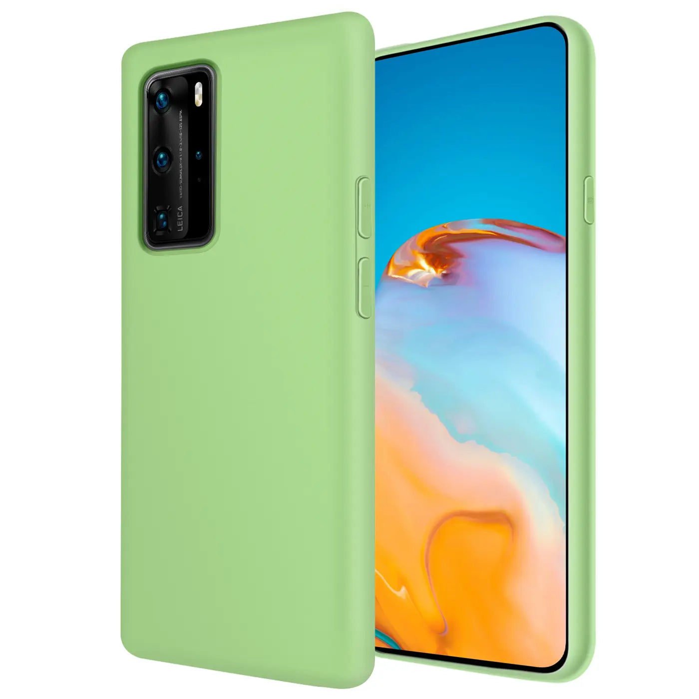 Grüne Silikonhülle für Huawei P40 Pro, von vorne links, mit Mikrofaser-Innenfutter.