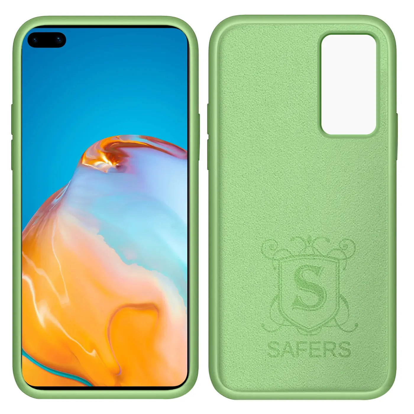 Grüne Silikonhülle für Huawei P40 Pro, Vorder- und Rückansicht, Mikrofaser-Innenfutter.