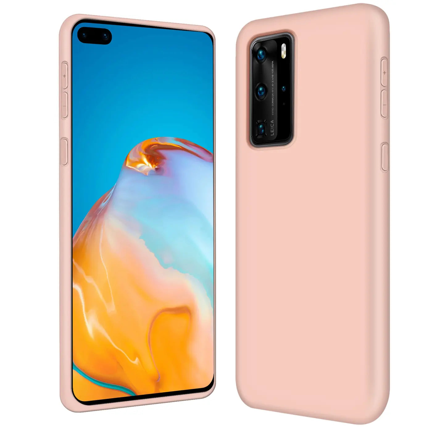 Zwei Huawei P40 Pro in rosa Silikonhülle, Vorder- und Rückansicht.