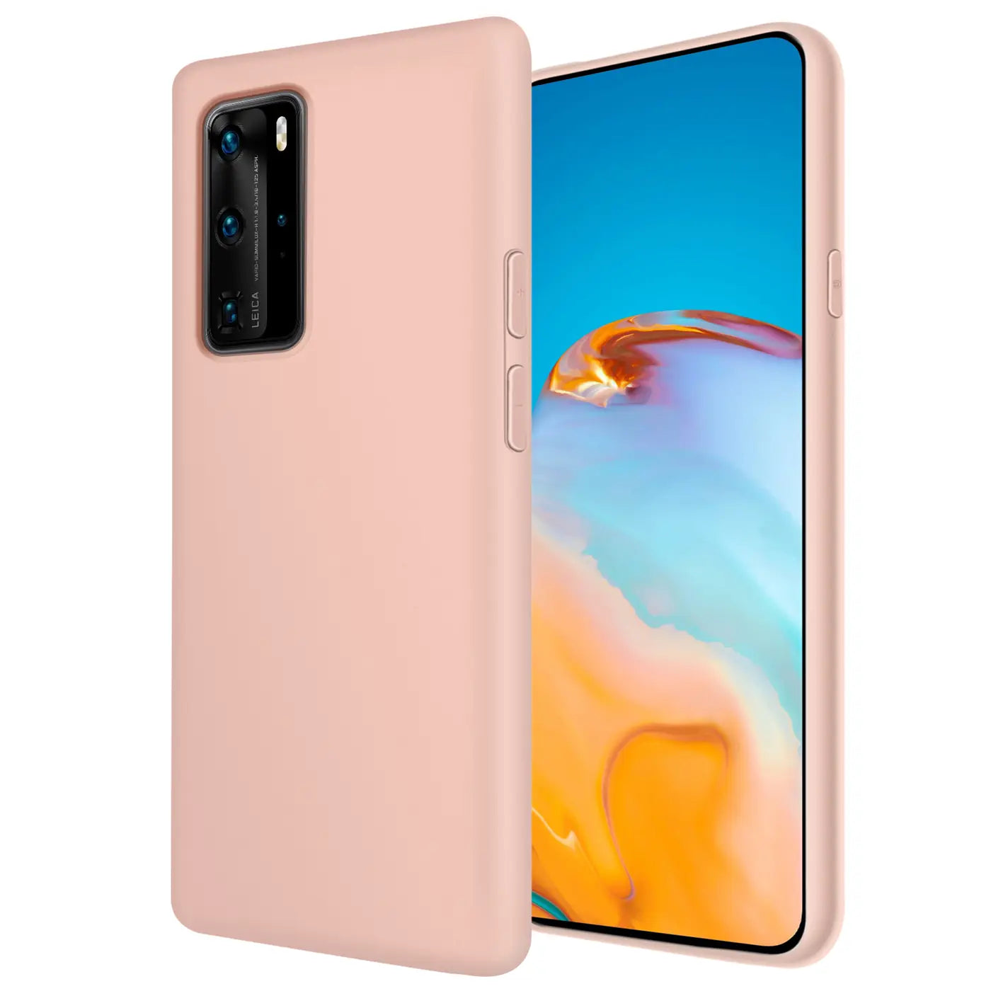 Rosa Silikonhülle mit Mikrofaser-Innenfutter für Huawei P40 Pro, Seitenansicht.