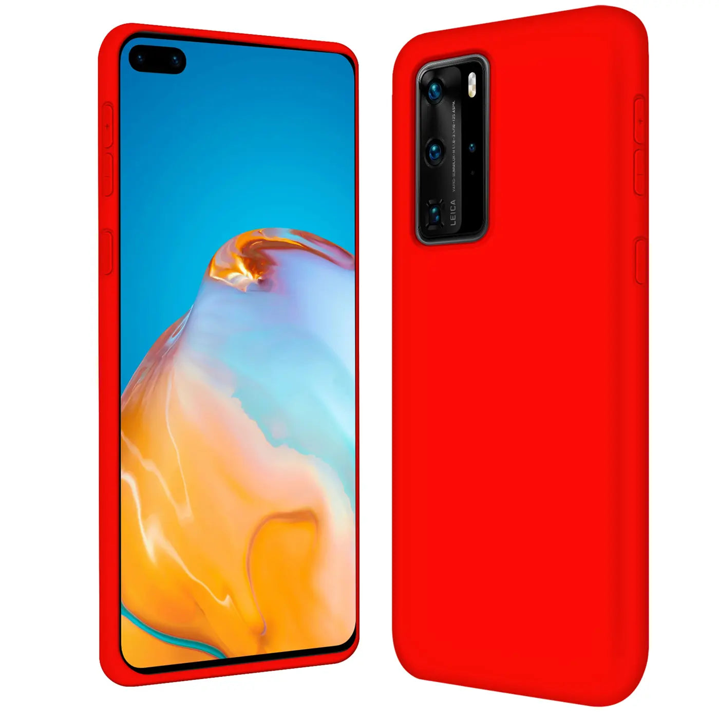 Rote Silikonhülle für Huawei P40 Pro, Vorder- und Rückansicht, Mikrofaser innen.