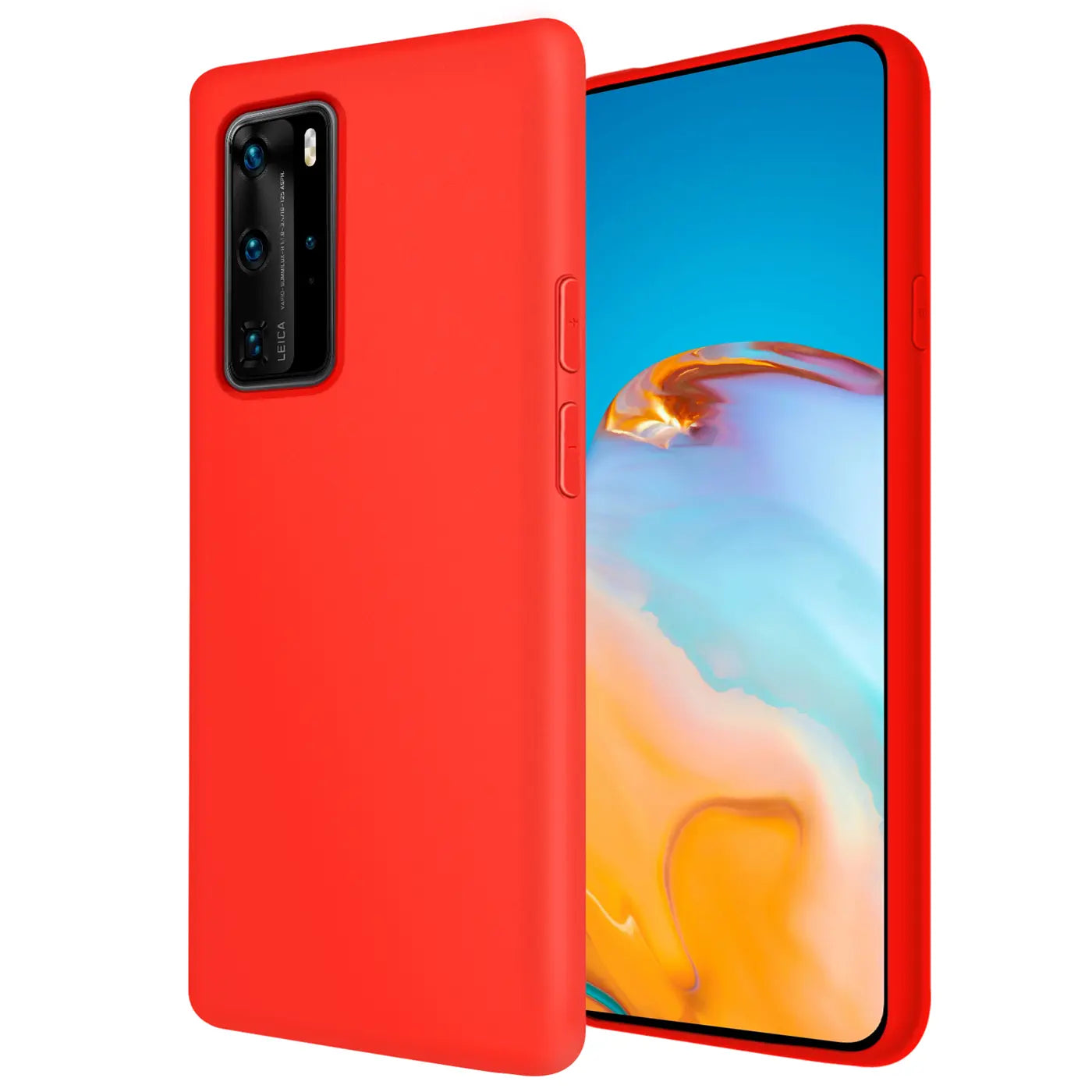 Rote Silikonhülle für Huawei P40 Pro, von vorne links, Mikrofaser-Innenfutter.