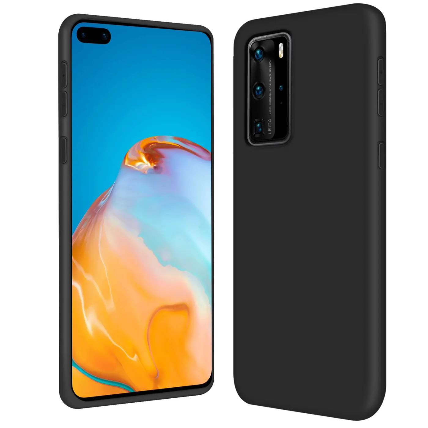 Schwarze Silikonhülle für Huawei P40 Pro, von vorne und hinten gezeigt, Mikrofaser innen.
