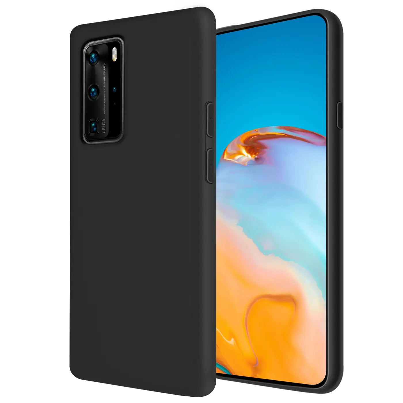 Schwarze Silikonhülle mit Mikrofaser-Innenfutter, seitliche Ansicht, zeigt Huawei P40 Pro.