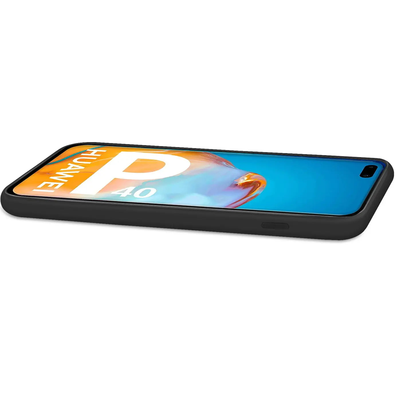 Schwarze Silikonhülle mit Mikrofaser-Innenfutter, seitliche Ansicht, zeigt Huawei P40 Pro.