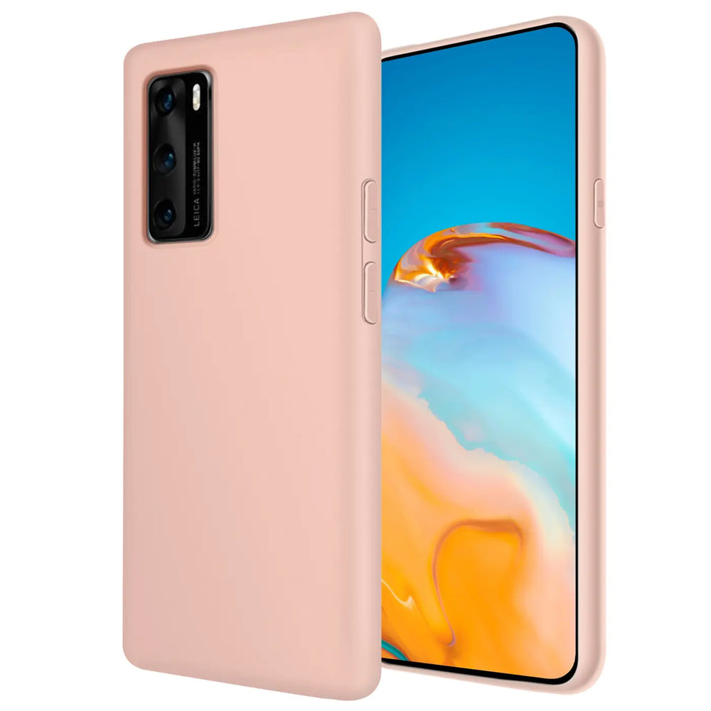 Rosa Silikonhülle mit Mikrofaserfutter für Huawei P40, von vorne links gezeigt.