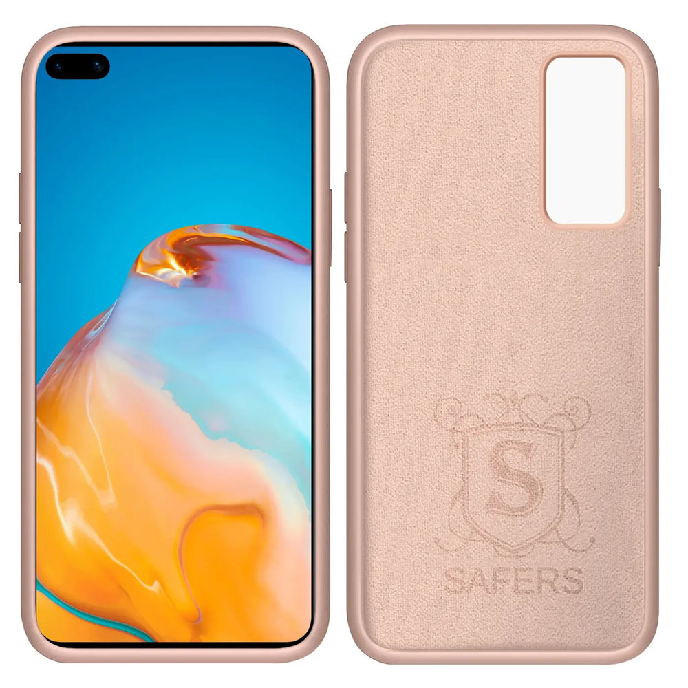 Rosafarbene Silikonhülle mit Mikrofaserfutter für Huawei P40, Vorder- und Rückansicht.