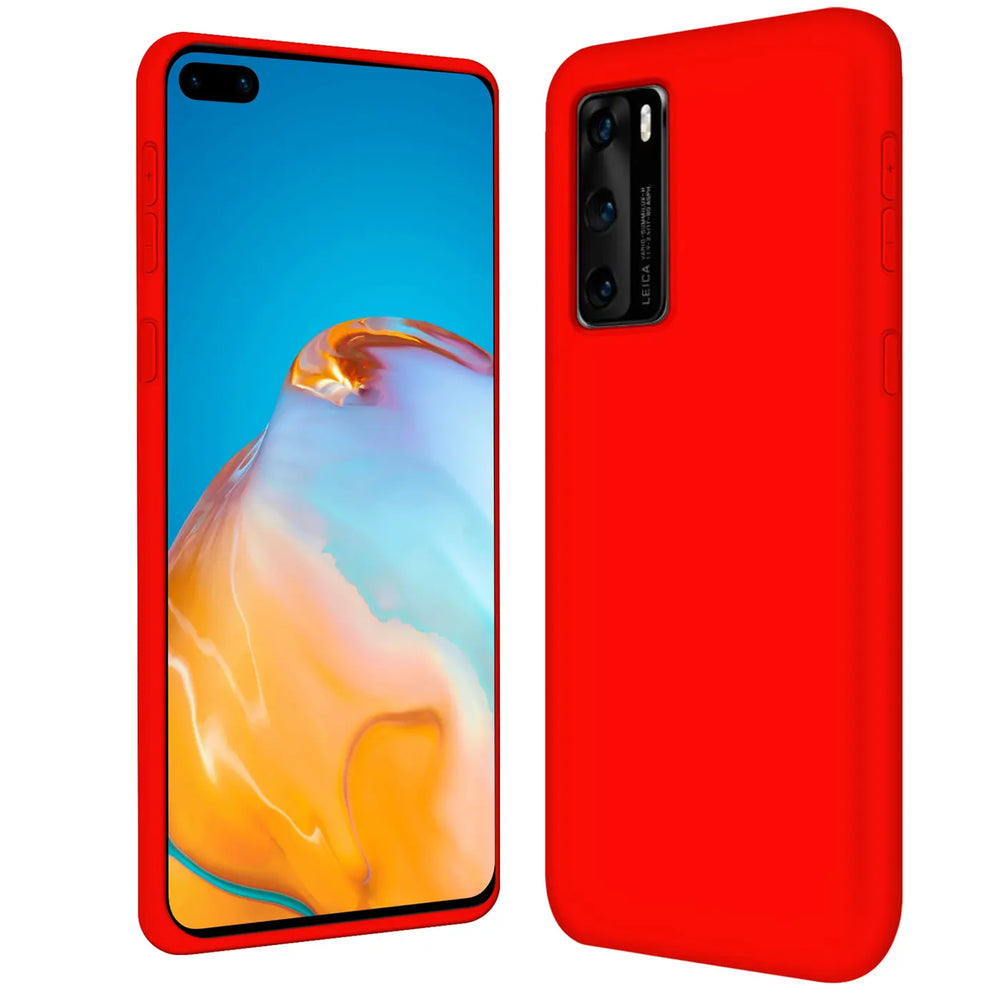 Rote Silikonhülle für Huawei P40, von vorne und hinten gezeigt, mit Mikrofaser-Innenfutter.