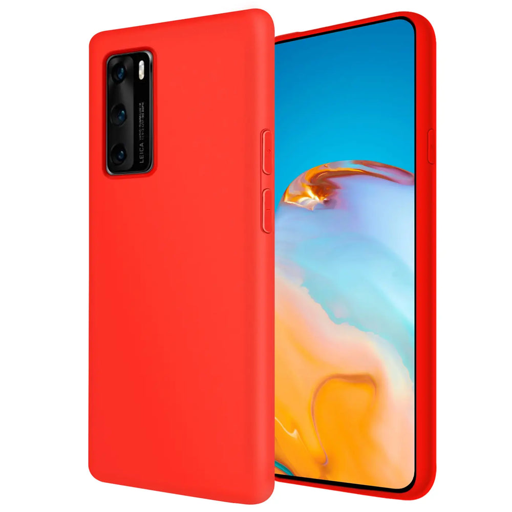Rote Silikonhülle für Huawei P40, von schräg vorne, mit Mikrofaser-Innenfutter.