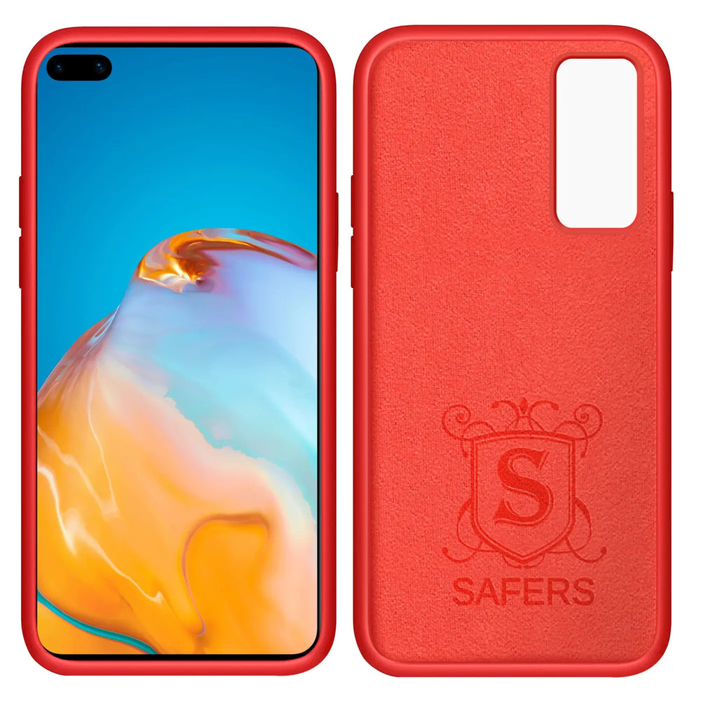 Rote Silikonhülle für Huawei P40, Vorder- und Rückseite, Mikrofaser innen.
