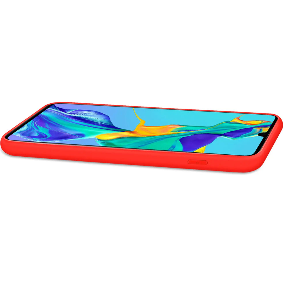 Rote Silikonhülle mit Mikrofaser-Innenfutter für Huawei P40, Seitenansicht.