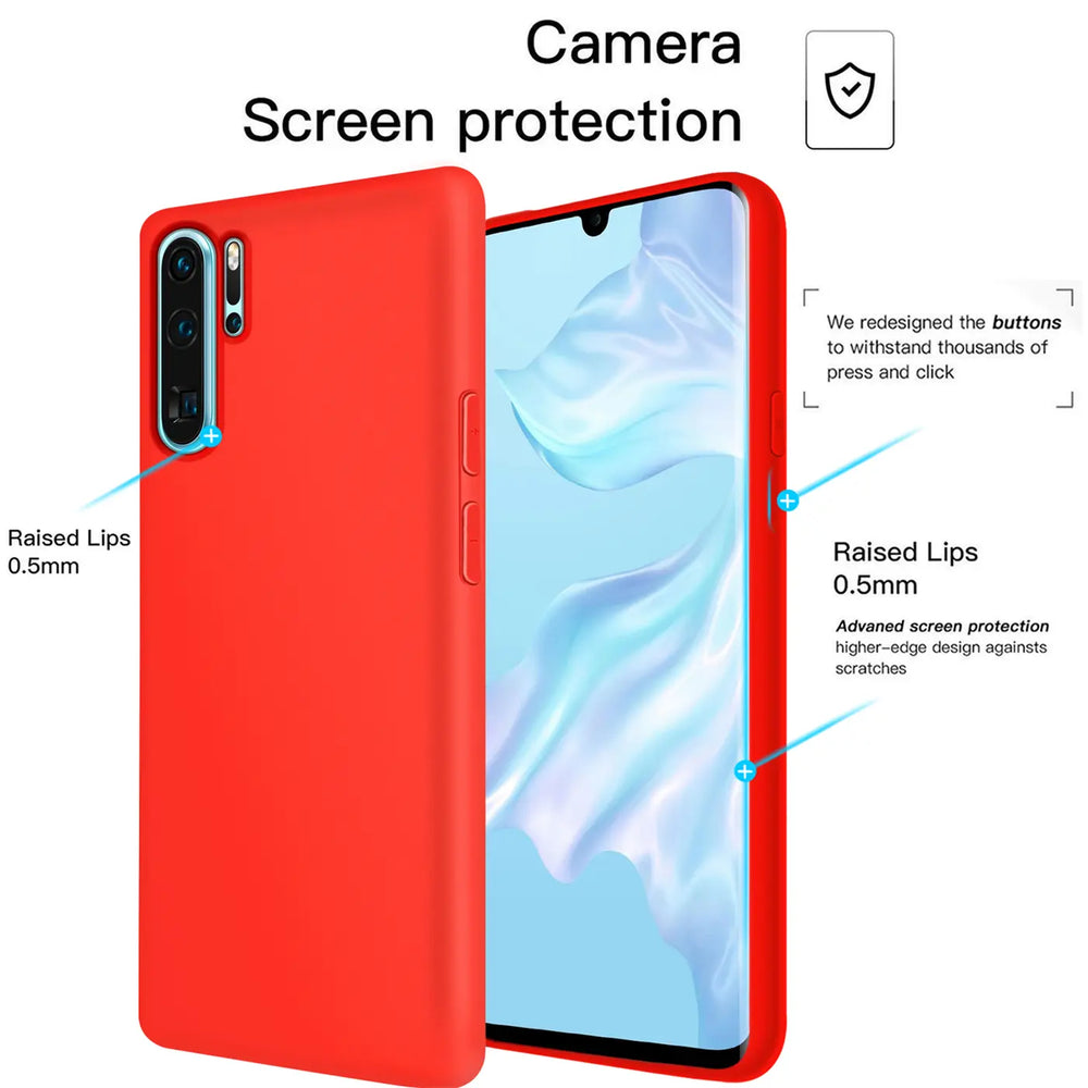 Rote Silikonhülle für Huawei P40, Rückseite und Seite, Nahaufnahme.