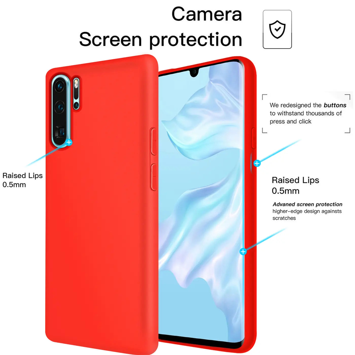 Rote Silikonhülle für Huawei P40, Rückseite und Seite, Nahaufnahme.