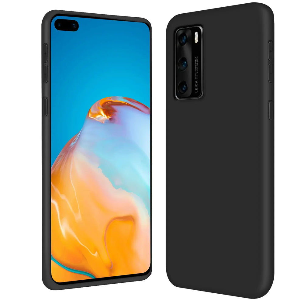Schwarze Silikonhülle für Huawei P40, Mikrofaser innen, von vorne und hinten gezeigt.
