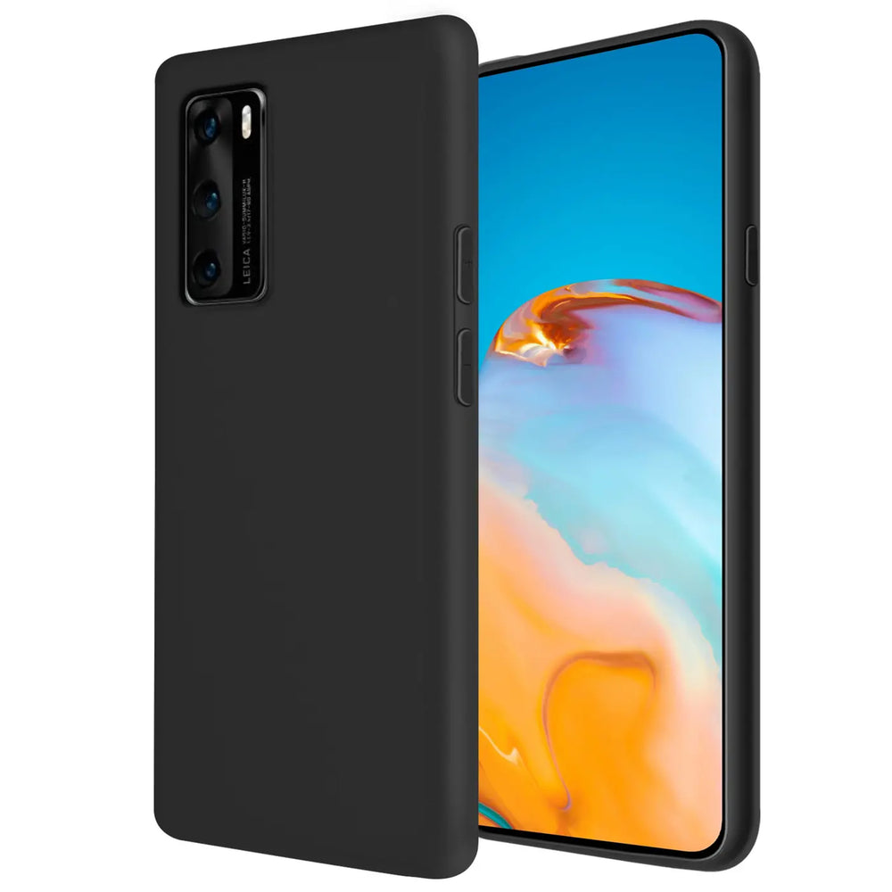 Schwarze Silikonhülle mit Mikrofaser-Innenfutter für Huawei P40, Seitenansicht.